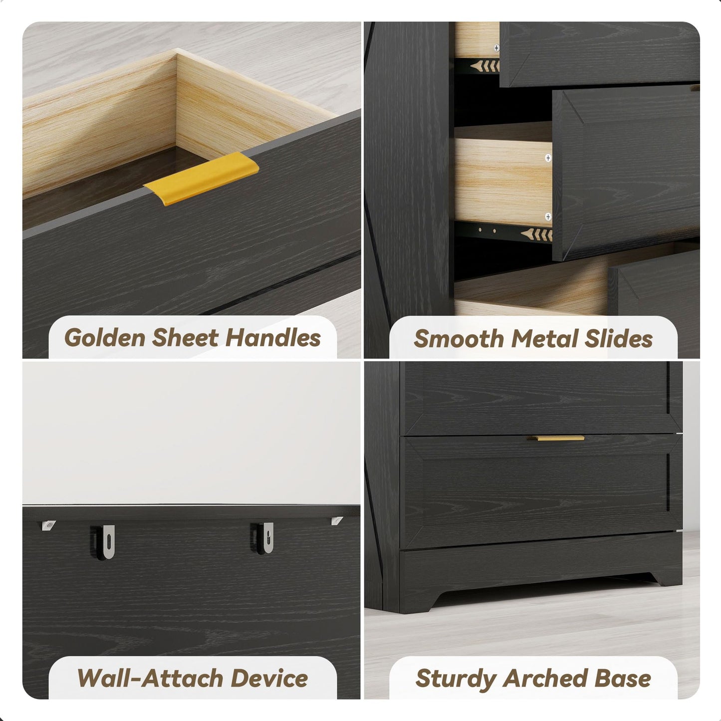 FTZxHKLX Modern 4 Drawer Dresser for Bedroom, Tall Bedroom Dresser with Large Drawer & Rose Gold Handles, Wooden Storage Organizer Cabinet Chest of Drawer for Closet, Living Room, Hallway, Black