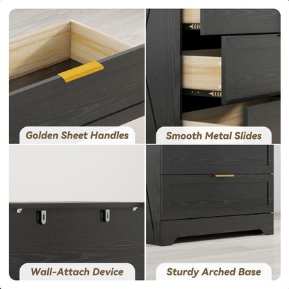 FTZxHKLX Modern 4 Drawer Dresser for Bedroom, Tall Bedroom Dresser with Large Drawer & Rose Gold Handles, Wooden Storage Organizer Cabinet Chest of Drawer for Closet, Living Room, Hallway, Black