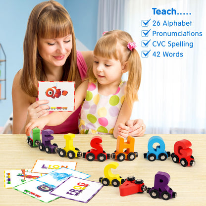 Helsort 27 PCS Magnetic Wooden Alphabet Train Set, ABC Learning Toy with 42 Flash Cards, 1 Engine and Storage Bag, Educational Letter Toy Trains for Toddlers, Boys Girls, Ideal Gift for 3-7 Year Olds