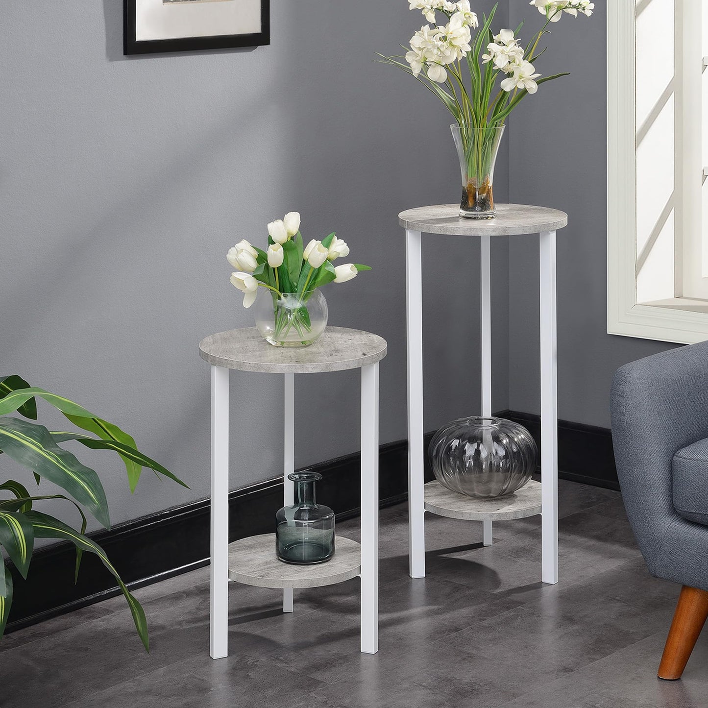 Convenience Concepts Graystone 2 Tier Tall Plant Stand 31" - Industrial Stand for Plants, Vases, and Antiques, Urban Modern Design for the Living Room, Hallway, Entryway, Faux Birch/White