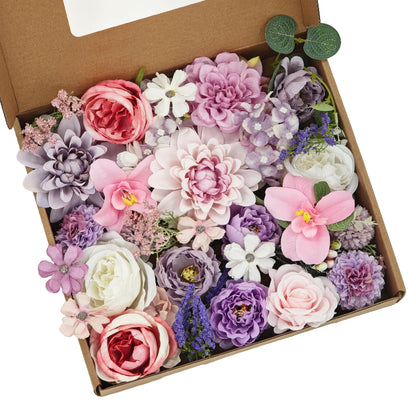 TUEVAK Purple Artificial Silk Flowers Combo with Dahlias, Roses & Green Stems for DIY Wedding Bouquets, Party, Baby Showers, Table Centerpieces and Home Decor