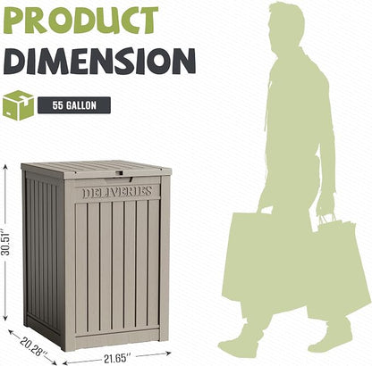 55 Gallon Package Delivery Boxes Outside Secure Waterproof Resin UV Resistant Lockable Mail Parcel Drop Mailbox Storage Deck Box for Outdoor Porch Patio Grey
