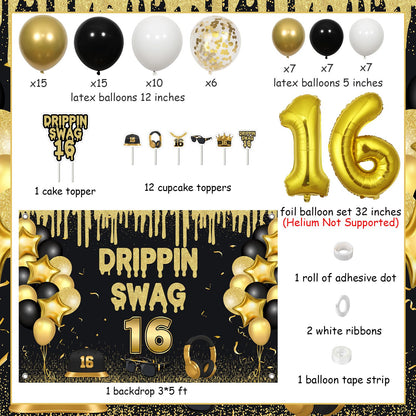 Jollyboom Drippin Swag 16 Birthday Decorations for Boys, Black and Gold 16th Birthday Backdrop Balloon Garland Kit with Banner Cake Topper Cupcake Toppers Number 16 Balloon for Boy Party Photo Wall