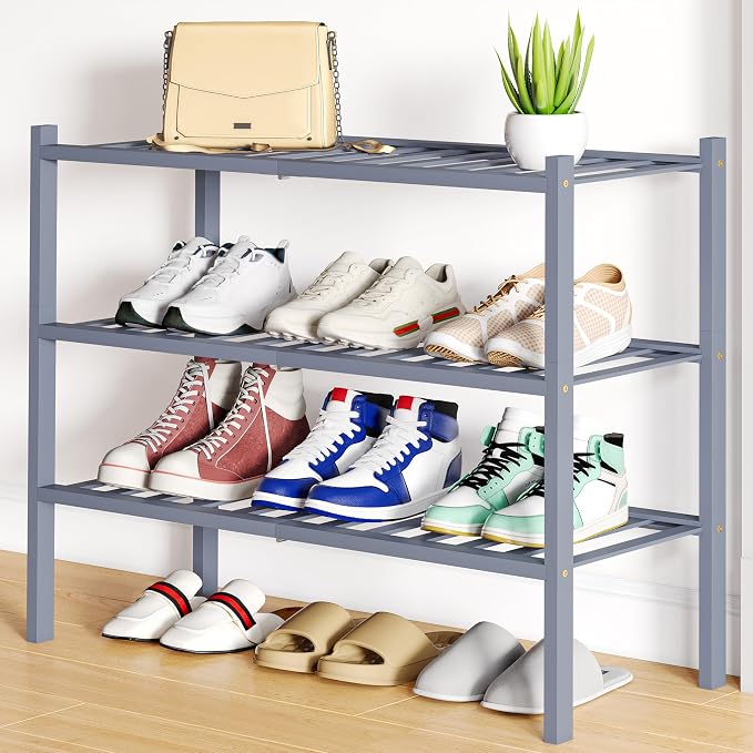 Smiry Bamboo Shoe Rack, 3 Tier Free Standing Wooden Shoe Organizer, Stackable Wood Shoe Storage Shelf for Closet, Entryway, 12 Vertical Slats, 2+1 Stack Standard Legs, 26.8"x11"x19.5", Grey
