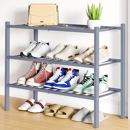 Smiry Bamboo Shoe Rack, 3 Tier Free Standing Wooden Shoe Organizer, Stackable Wood Shoe Storage Shelf for Closet, Entryway, 12 Vertical Slats, 2+1 Stack Standard Legs, 26.8"x11"x19.5", Grey