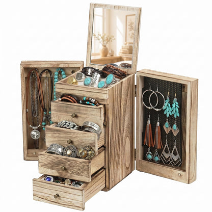 GUOER Jewelry Box for Women, 5-Layer Wooden Jewelry Organizer with Mirror, 4 Drawers & Side Doors for Necklaces, Rings, Earrings, Rustic Torched Wood