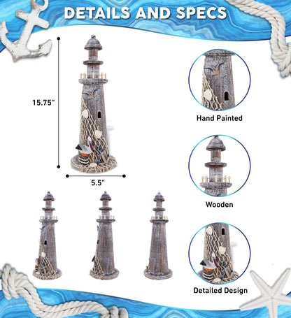 Puzzled COTA Global Brown Wooden Lighthouse Decor - Handmade and Crafted Wooden Lighthouse Decoration with Pelican and Fishing Net, Tabletop Home Decor - 15.75 Inches