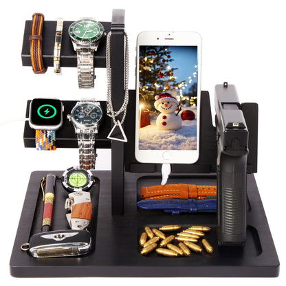 Pistol Rack for Gun Safe, Wooden Handgun Rack Holder for Gun, Wood Phone Docking Station with Magnetic Groove as Nightstand Organizer as Gifts for Men Boyfriend Husband Father in Birthday Christmas