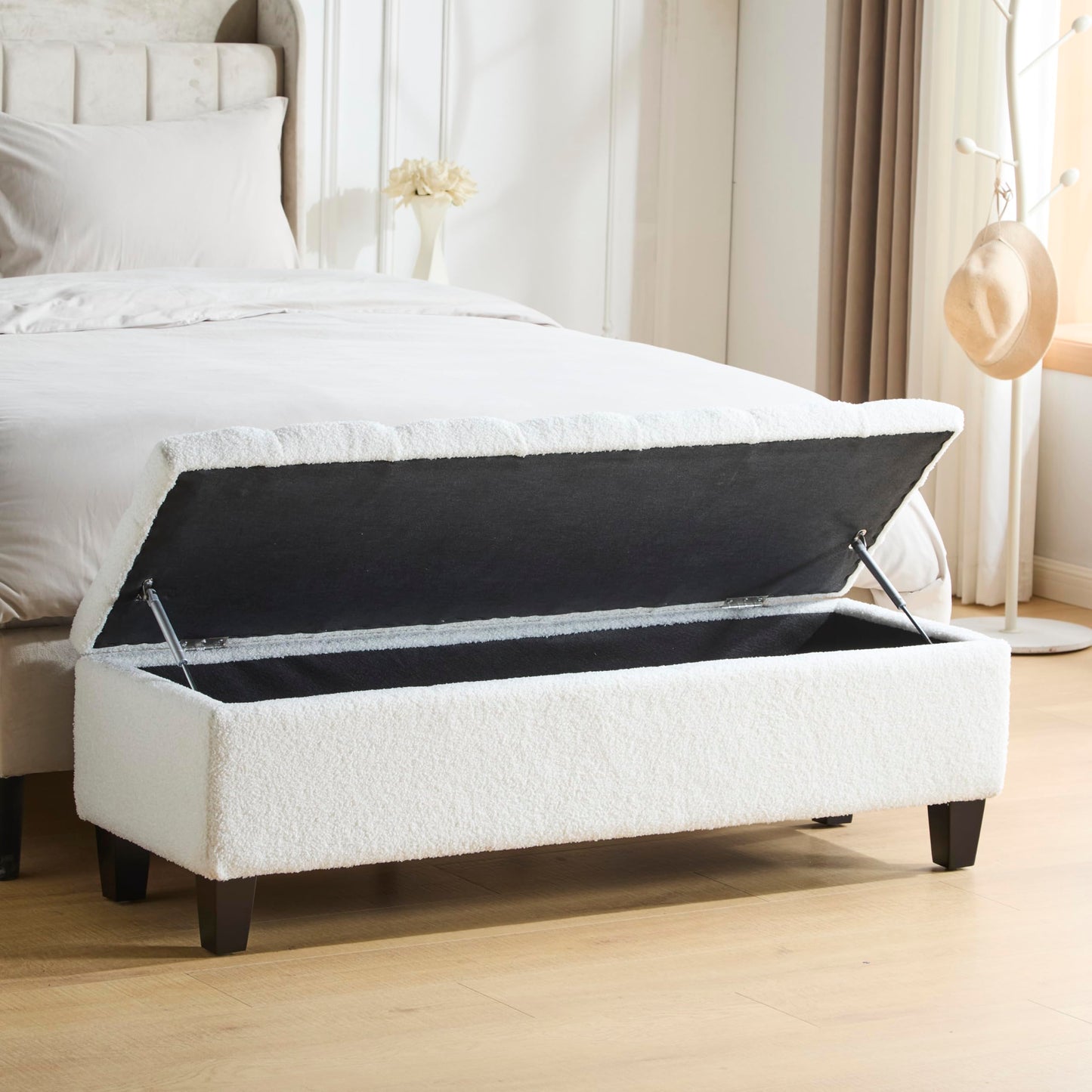 Christopher Knight Home Ottilie Boucle Fabric Storage Ottoman Bench, Wooden Rectangular Ottoman with Storage, Bedroom End of Bed Foot Stool, Entryway Ottoman Footrest, Living Room Extra Seat, White