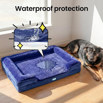 OhGeni Orthopedic Dog Bed Couch Big Cat Sofa for Extra Large Sized Pets with Memory Foam, Machine-Washable Waterproof Removable Cover, Soft Comfortable Fabric, 44-inch (Blue)