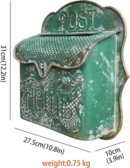 BIG FORTUNE Wall Mount Mailbox for House Outside Vintage Metal Door Mailbox Antique Style Nostalgic Charm Home Decor Garden Vintage English Cottage Decor Flower Patter (Green)