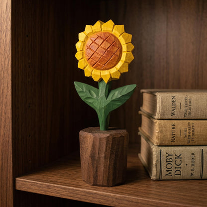 WOODEN ISLANDS Hand-Carved Wooden Sunflower Figurine, 5-Inch Solid Wood Flower Statue for Rustic Farmhouse Home Shelf Decor & Office Desk Accessories, Includes Gift Box Packaging