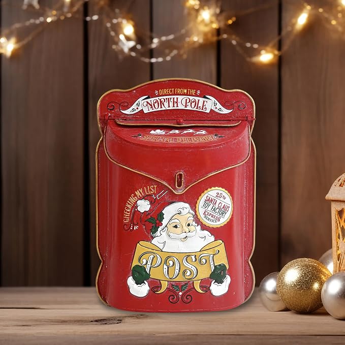 Xmas Letters to Santa Mailbox Wall Mount Christmas Mail Boxes for House Outside Metal North Pole Post Box Vintage Red Christmas Home Decor