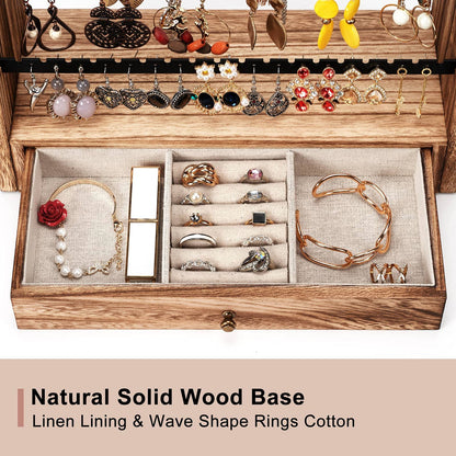 Pinzoveco Earring Organizer, 5 Layer Earring Holder Organizer with Necklace Holder Pole, Rustic Wood Jewelry Organizer Stand Display for Stud Earring Bracelet Necklace Ring, 175 Earring Holes