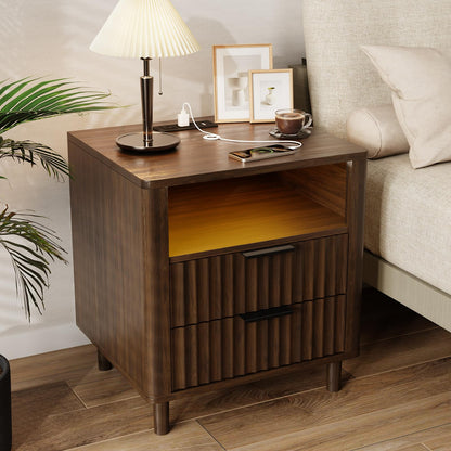 Fluted Nightstand with Charging Station, 2 Drawers Storage Bedside Table, Solid Wood Modern Nightstand with Open Shelf, Curved Profile Design, End Table for Indoor Room Bedroom Office, Walnut