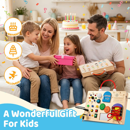 GNAYUIJ Montessori Busy Board,Wooden Sensory Board Toys for 1 2 3 Years Old,Toddlers Activity Travel Toy with LED Light Switches & Music Boxes for Boy & Girl Birthday Gift