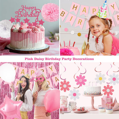 Pink Red Happy Birthday Party Decorations kits for Girls Women with Happy Birthday Banner, Fringe Curtain,Foil Balloons,Tissue Pompoms,Dots Garland,Tassels Garland,Cake Topper for birthday decor(pink)
