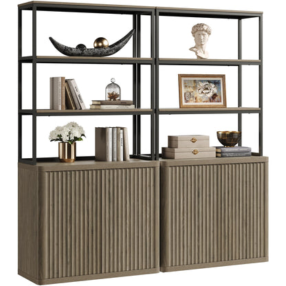 SICOTAS Book Shelf Fluted Bookshelf 71" Tall Bookcase with Doors Storage 5 Tier Mid Century Modern Bookshelves Large Shelves Metal Book Cases for Living Room Office Kitchen Library