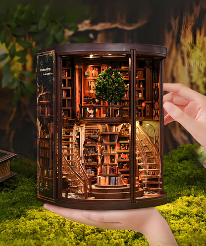 Ahilmrn Book Nook Kits for Adults Fantasy 3D Puzzle Library Booknook Kit with Dust Cover Wisdom Book Repository Round Bookshelf Decor Wooden DIY Spiral Staircase Miniature Dollhouse Book House