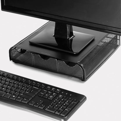 Mind Reader Monitor Stand, Ventilated Laptop Riser, Desktop Organizer, Storage, Metal Mesh, 13.25"L x 12.5"W x 3"H, Black