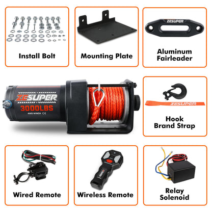ZESUPER 3000 lb Electric Winch for ATV UTV Trailer Boat Synthetic Rope Winch 12V DC Off Road Towing Winches with Wireless Remote Mounting Bracket