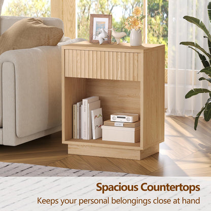 Zeibospri Fluted Nightstands Set of 2, Modern Mid Century Night Stand with Drawer and Open Shelf, Wooden Bedside End Side Table for Bedroom, Hallway, 11.8" D x 18.9" W x 23.6" H, Natural Oak
