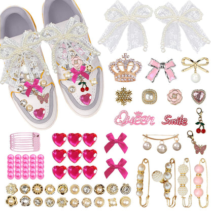 Molirex 80 Pcs Shoe Charms for Sneakers Women Junk Socks Charms Kit with Pearl Shoelace Gold Brooches and Pins, Rhinestone Pink Bows Charm Set
