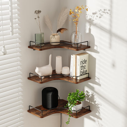 FNBAR L-Shaped Corner Floating Shelves Set of 3,Rustic Wood Wall Mounted Storage Shelves,Display Shelf for Bathroom, Kitchen,Bedroom, Living Room, Office (Brown)