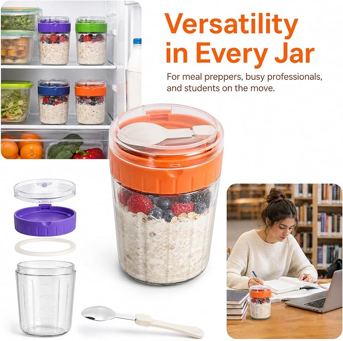 EONJOE Overnight Oats Containers with Lid and Spoon - 16oz Glass Mason Jars for Meal Prep, Yogurt,Pudding- Set of 4