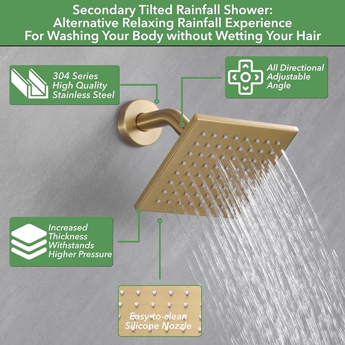 VANFOXLE Brushed Gold Shower System, Push Button Pressure Balance Shower Valve, Ceiling Mount Thick 12" Shower Head, 6" Shower Head, 2-in-1 Handheld, High Pessure Self-Cleaning for Modern Bathroom