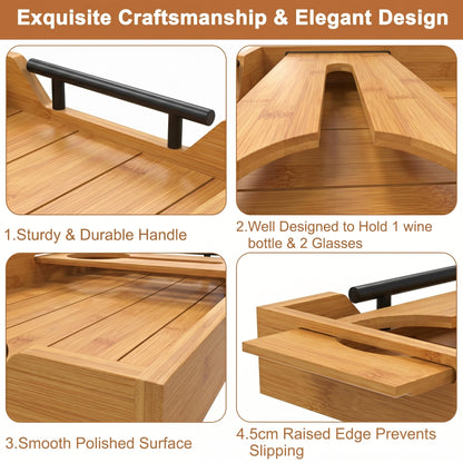 Bamboo Serving Tray with Wine Glass Holder, Couch Snack Tray with Handles for Wine, Cheese and Fruit, Movie Night Tray for Sofa, Coffee Table, Wedding and Housewarming Gift