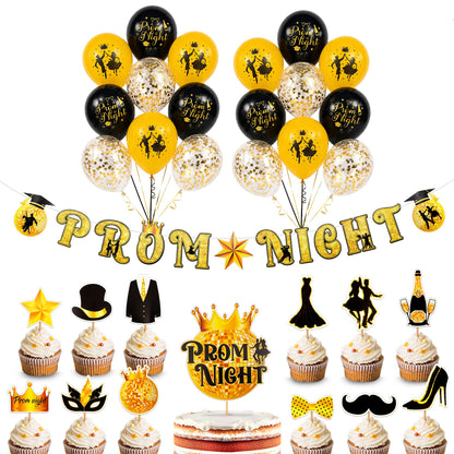 KatchOn, Prom Night Decorations 2026 - Black and Gold Balloons, Pack of 31 | Prom Night Banner, Latex Balloons and Cupcake Toppers | Black and Gold Prom Decorations, Prom Party Supplies