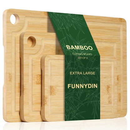 Funnydin 3PCS Bamboo Cutting Board Set - Durable Wooden Cutting Boards with Deep Juice Grooves & Built-in Handles & Hanging Holes, Ideal for Chopping Meat, Vegetables, Dishwasher Safe