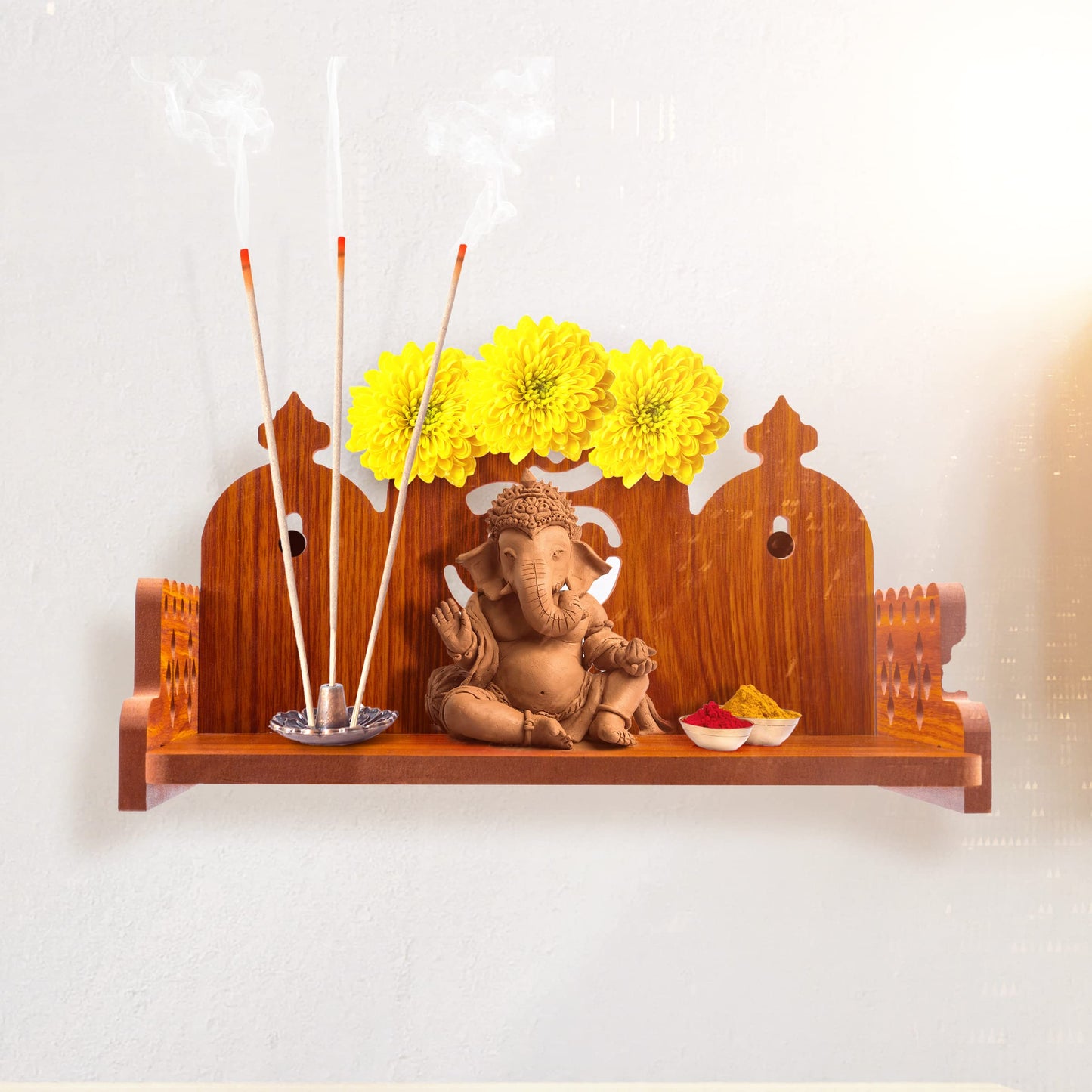 Tarini Gallery Wooden Wall Mounted Hanging Table top Temple Pooja Mandir God Stand Shelf for Storage and Idols Decoration for Home Office and Gifting (Brown- Om Design2)