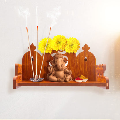 Tarini Gallery Wooden Wall Mounted Hanging Table top Temple Pooja Mandir God Stand Shelf for Storage and Idols Decoration for Home Office and Gifting (Brown- Om Design2)