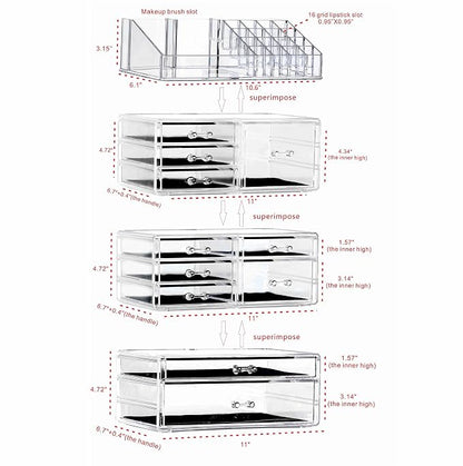 Cq acrylic Clear Makeup Storage Organizer Drawers Skin Care Large Cosmetic Display Cases Stackable Storage Box With 11 Drawers For Dresser 1 Pack