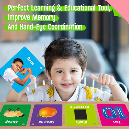 50 PCS Early Learning Flashcards, 7 in 1 Double Sided Cards- Alphabet, Numbers, Foods, Animals, Shapes, Colors with 2 Reclosable Rings, Learning Tool for Pre-K Kindergarten Toddlers