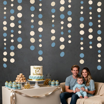 Champagne Gold Dusty Blue Beige Circle Dot Garland Hanging Paper Polka Dot Streamer for Men Boy Birthday Baby Shower Wedding Bridal Shower Retirement Engagement Bachelorette Party Decorations Supplies