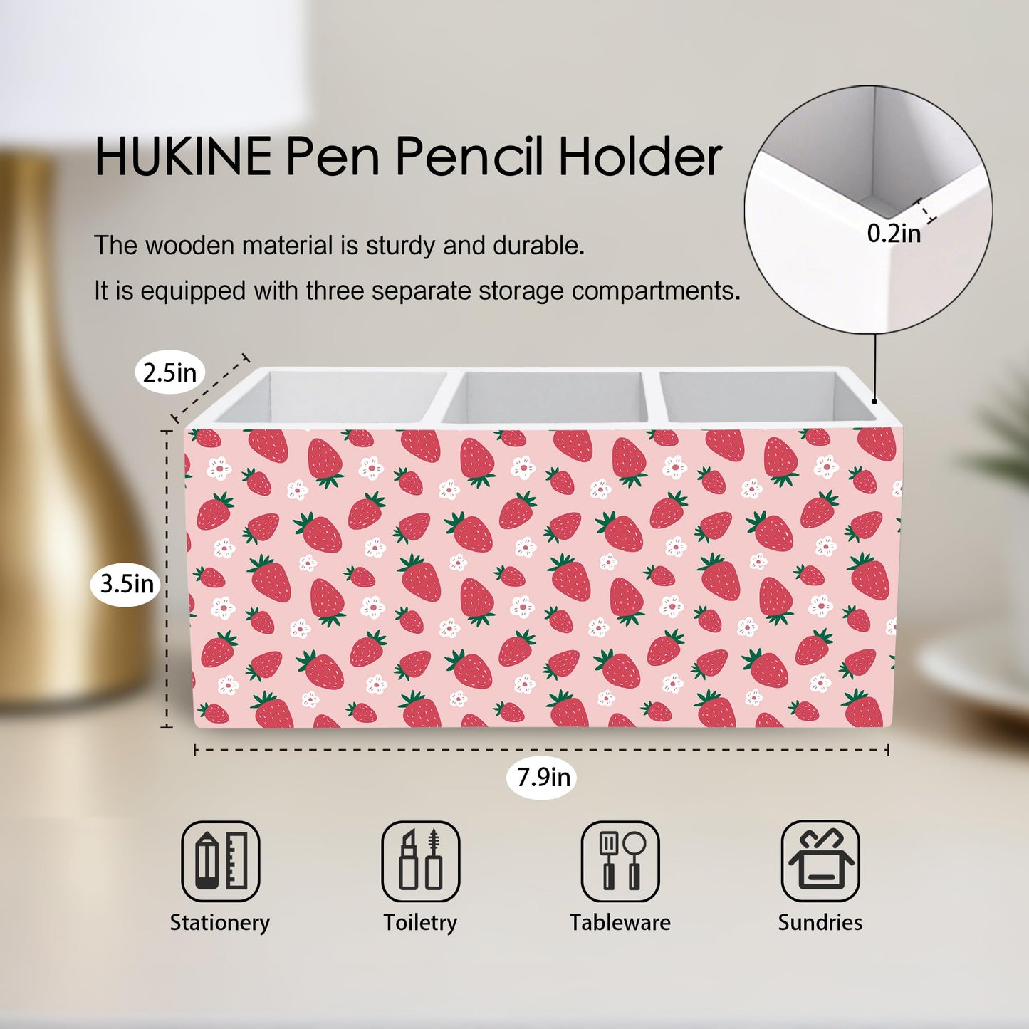 HUKINE Pink Strawberry Pen Holder for Desk Decoration, Preppy Girly Aesthetic Wooden Box Sign Pencil Holder Organizer for Home Office Desk Accessories, Strawberry Gifts for Women Girls