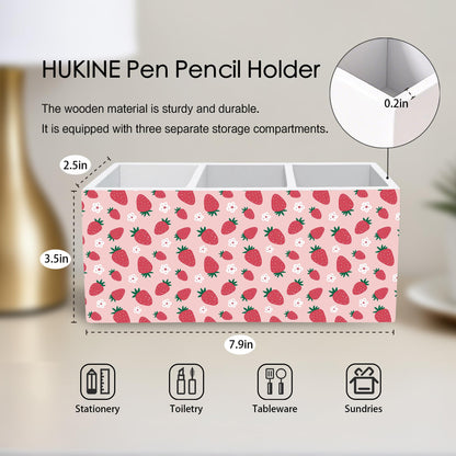 HUKINE Pink Strawberry Pen Holder for Desk Decoration, Preppy Girly Aesthetic Wooden Box Sign Pencil Holder Organizer for Home Office Desk Accessories, Strawberry Gifts for Women Girls