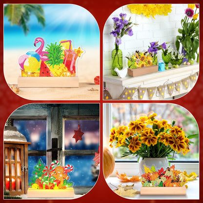 Chunful 13 Pcs Seasonal Diamond Art Tabletop Interchangeable Holiday Diamond Art Painting Kit with Wooden Light Base for 4th of July Summer Table Tiered Tray Home Office Tabletop Centerpiece Decor