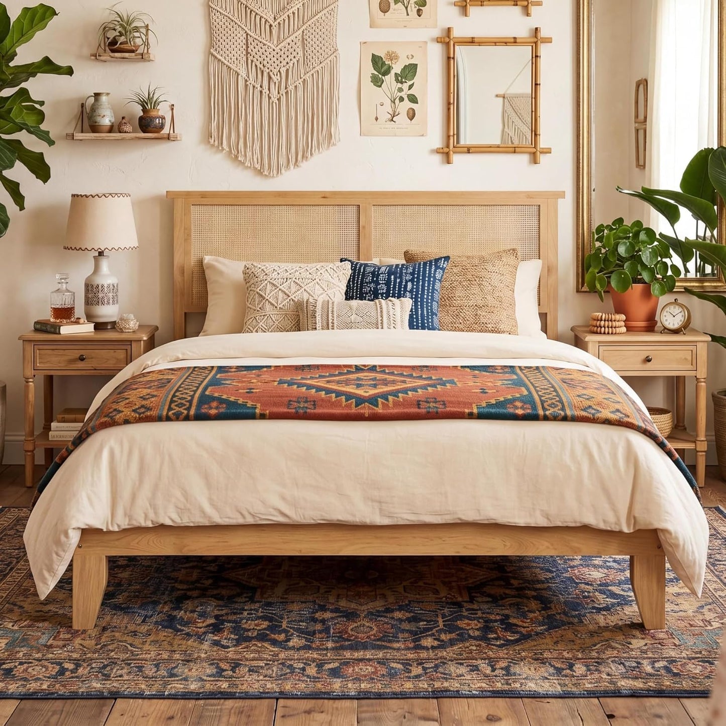 GAOMON Queen Size Rattan Wood Bed Frame, Rattan Bed with LED Light & Natural Headboard, Boho, Storage Space Underneath, Sturdy Wooden Slats Support, No Box Spring Needed