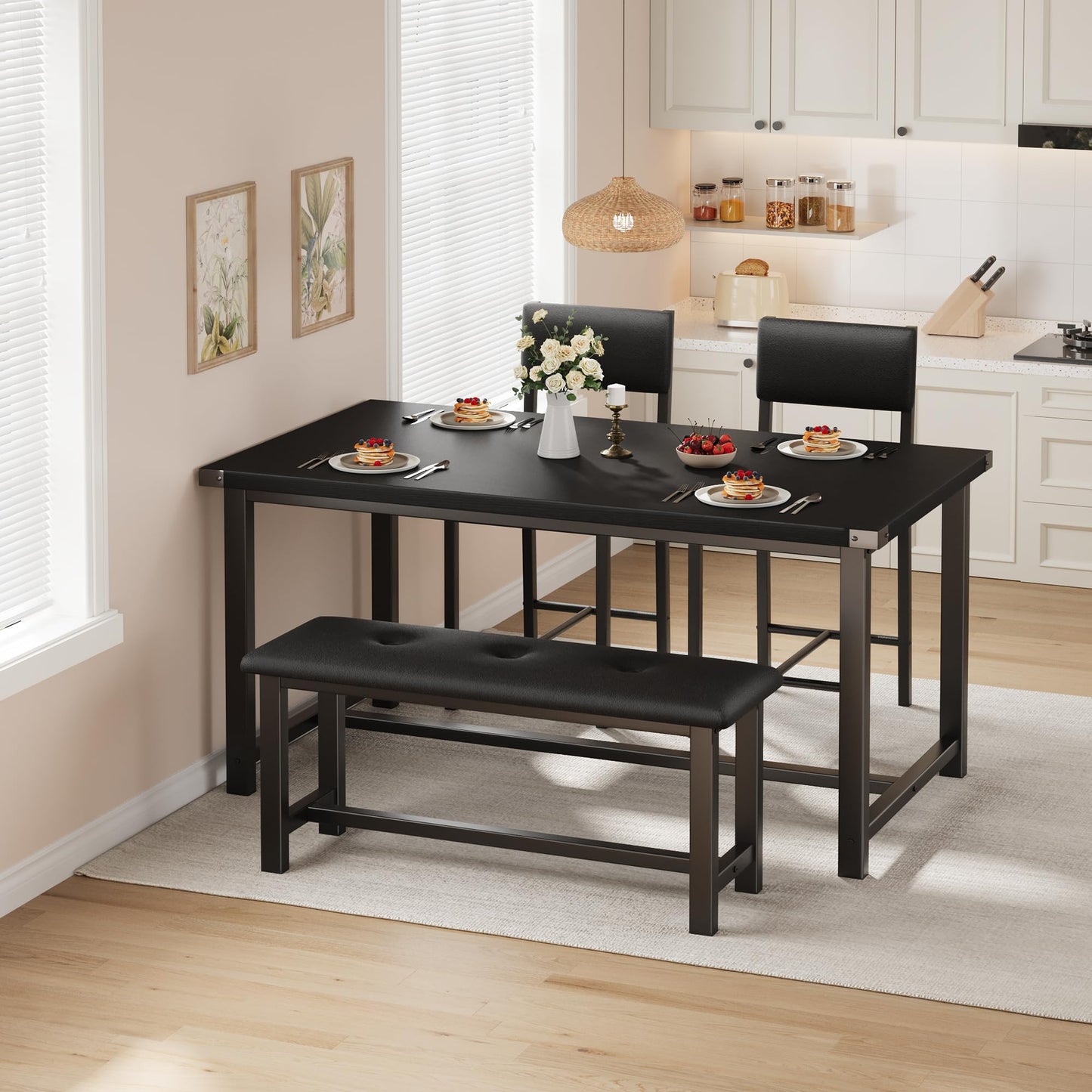 Garvee Wooden Dining Table Set for 4, Kitchen Table and 2 Upholstered Chairs with Bench, Rectangular Dining Room Set, for Small Space, Apartment, Home, Easy Assembly, Retro Black