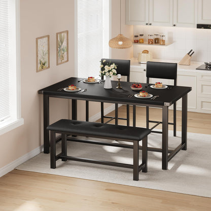 Garvee Wooden Dining Table Set for 4, Kitchen Table and 2 Upholstered Chairs with Bench, Rectangular Dining Room Set, for Small Space, Apartment, Home, Easy Assembly, Retro Black