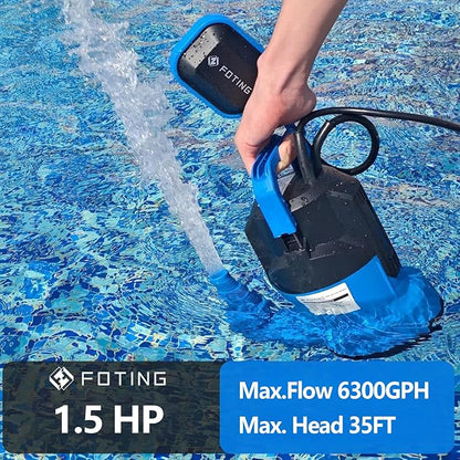 FOTING 1.5HP Sump Pump, 6300GPH High Flow Clean&Dirty Submersible Water Pump with Float Switch, Thermoplastic Electric Portable Utility Pump for Pool Draining Hot Tub Garden Basement