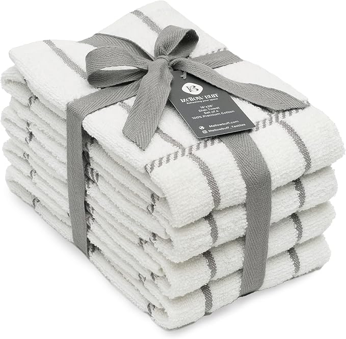 100% Cotton Terry Dish Towels, 4 Pack Checks, 16 x26 Inches, Super Soft and