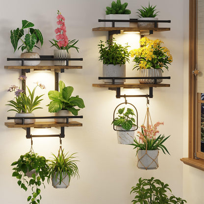 LASZOLA Floating Plant Shelves Holder Wall Mounted Indoor with Grow Lights, 2 Pack Plant Hangers Stand with 4 Hooks, Metal and Wood Flower Hanging Display for Living Room Kitchen Bathroom Decor, Brown