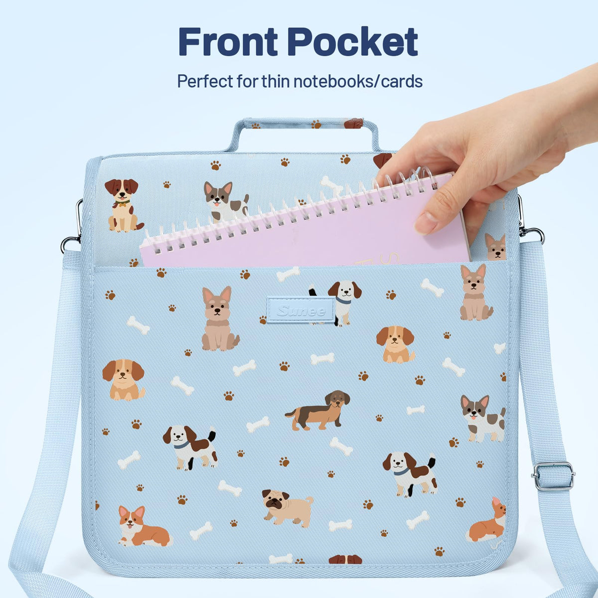 SUNEE Zipper Binder 3 Ring, 3 Inch O-Ring with Handle and Shoulder Strap, 600-Sheet Capacity, 5-Tab Expanding File Folder, Multi-Pockets for Middle School Organizer Binder with Zipper, Blue Dog