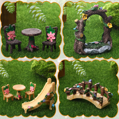 9 Pcs Fairy Garden Accessories - Miniature Garden Kit Landscape Decorations Table and Chairs Set Fairy Garden Furniture Ornaments Bridge Flower Slide Figurine for Terrarium Potted Plants, Dollhouse