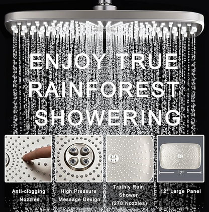 BOZYBO Rain Shower Head with Handheld: High Pressure Shower Heads with Handheld Spray Combo, 12" Rainfall Shower Head and 9 Sprays Hand Showerheads with Magnetic Docking and Power Jets, Nickel 1.8GPM